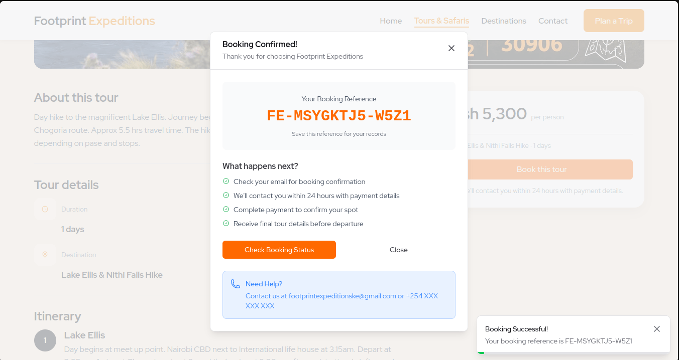 Footprint Expeditions booking confirmation screen