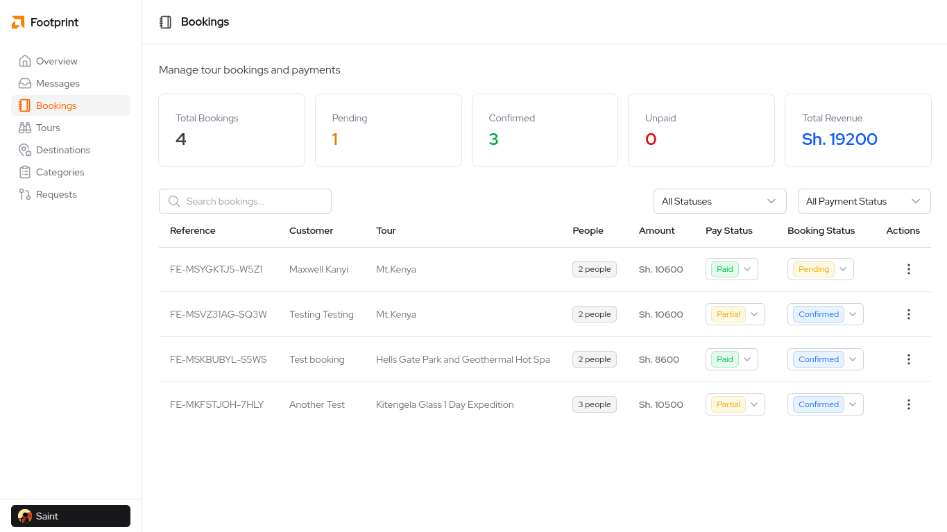 Footprint Expeditions admin bookings dashboard