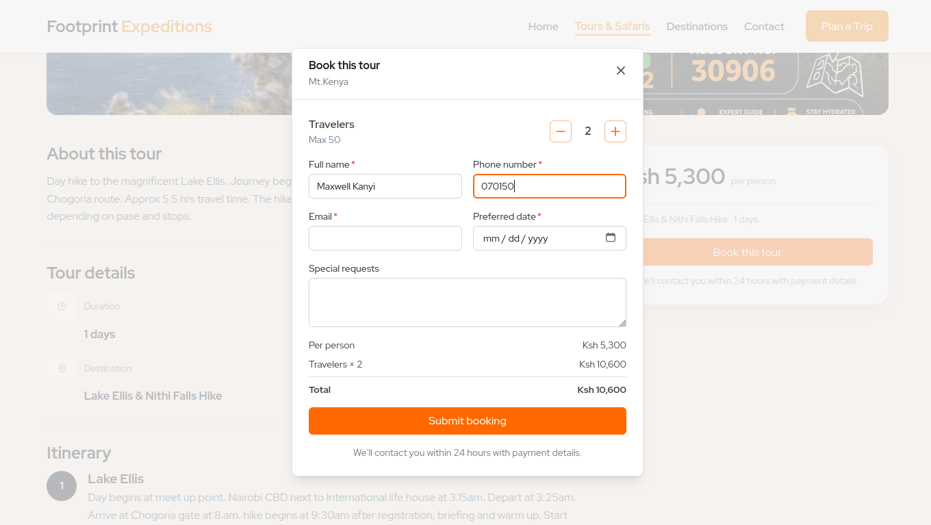 Footprint Expeditions tour booking flow